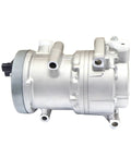 Electric Ac Compressor For Toyota Bz4x And Bz3 Rides Direct Fit Hvac Cooling Part, silver compressor side view with hoses.