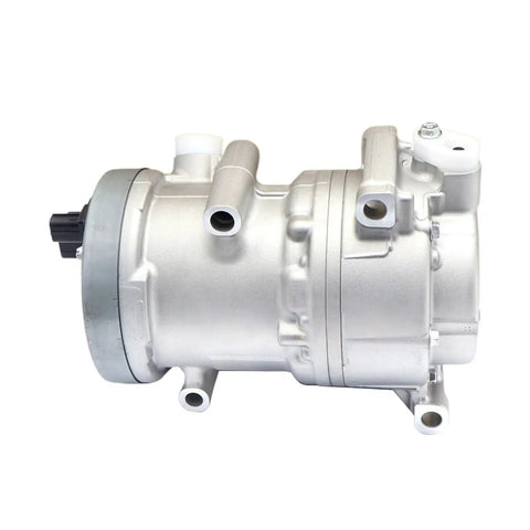 Electric Ac Compressor For Toyota Bz4x And Bz3 Rides Direct Fit Hvac Cooling Part, silver compressor side view with hoses.