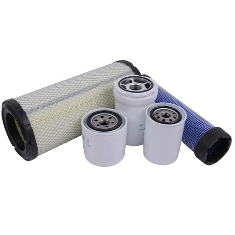 Maintenance Filter Kit For Kubota SVL75 And SVL75-2 HST Loaders SN 26157 And Below With Oil Filter, Hydraulic Filter, Fuel Filter, Outer Air Filter And Inner Air Filter displayed.