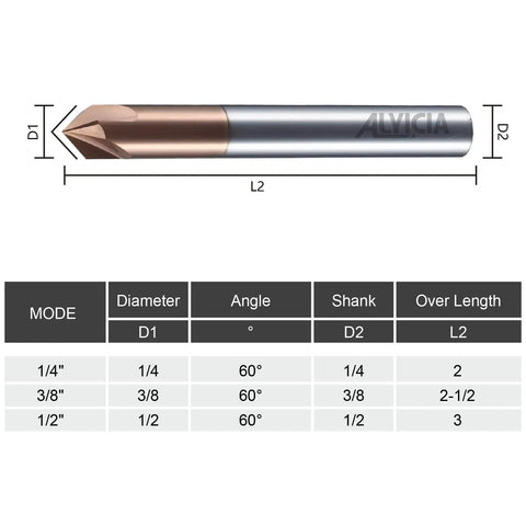 Three Eighths Inch Carbide Chamfer End Mill With Sixty Degree V Groove, Four Flutes TISIN Coated Milling Bit technical diagram