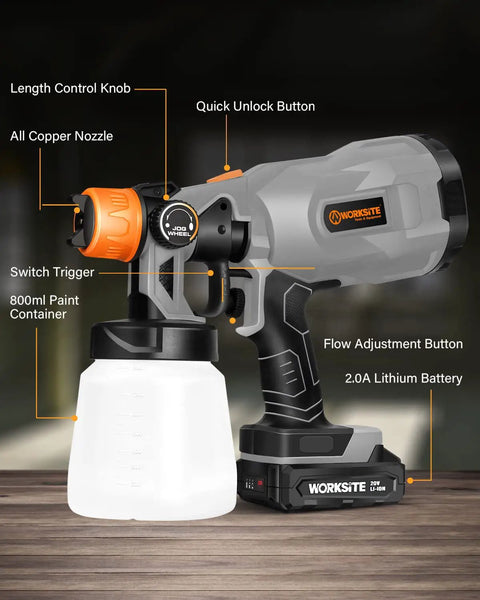 Cordless 20V Paint Sprayer Gun With Dual Batteries, HVLP Sprayer, adjustable knob, gray finish, and labeled components