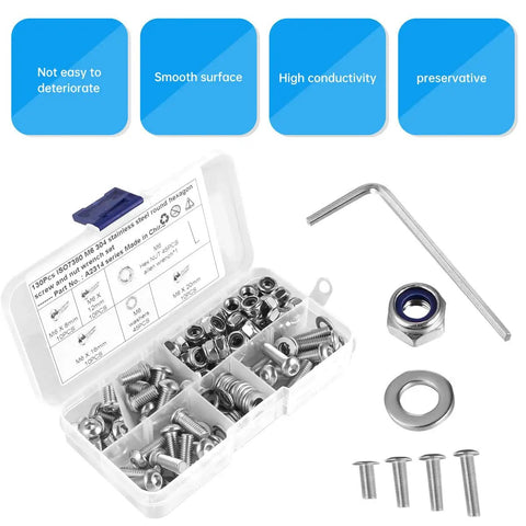 Pro Grade All In One Stainless Steel 304 Hex Bolts Nuts And Washers Kit 130 Piece Assortment with bolts, nuts, and washers visible