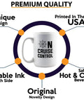 White 15oz Coffee Mug For Boat Lovers On Cruise Control Anchor Sail Yachting Boaters Travelers Gift showing design features.