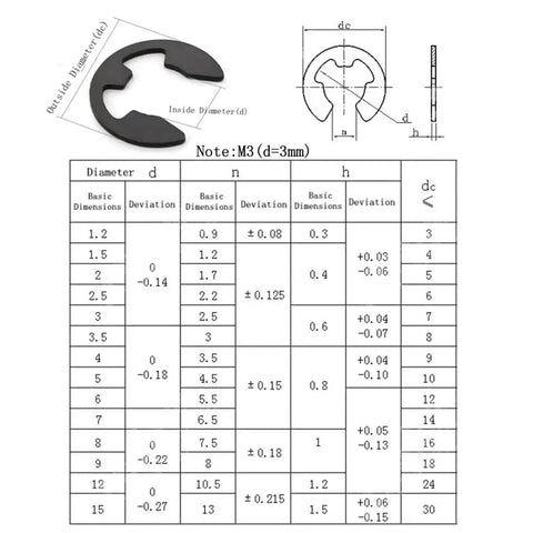 Diagram of E clip dimensions and size chart from Durable Metal E Clip Assortment Kit With 147 Pieces And Sizes From 2mm To 12mm Portable Grab And Go Organizer Case Perfect For DIY Projects Home Repairs Crafting And Electronics Work Built To Last.
