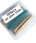 22 Ohm Metal Film Resistors 0.25W 1 Percent Tolerance 300 Pack For DIY Electronics Projects And Pro Builds Great For Prototyping Audio Radios Power Supplies And General Circuit Repair, 300pcs 22 ohm 1/4W resistors in plastic case