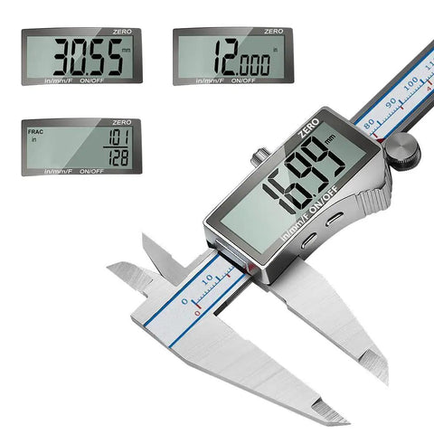 Handy 6 Inch Digital Calipers With Large LCD Screen displaying measurements in millimeters, inches, and fractions, stainless steel vernier.