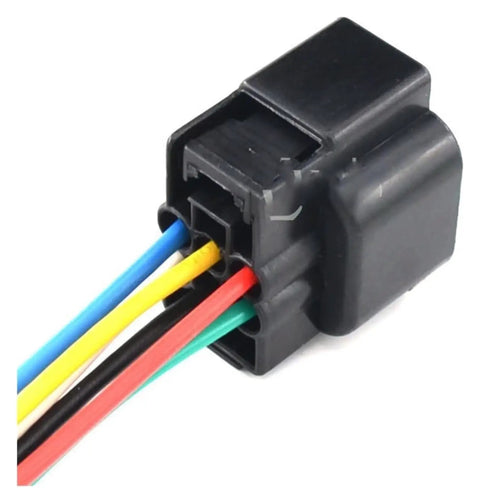 Rock Solid Six Pin Waterproof Wire Harness Connector For Car Headlights And Fog Lamps Featuring Slick Sealed Contacts And Plug And Play Installation Built Different To Handle Any Road Condition Smoothly - close up view of wires and connector.