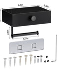 Black Toilet Paper Holder With Shelf And Drawer Storage, Wall Mount Wipes Dispenser, adhesive installation hardware shown