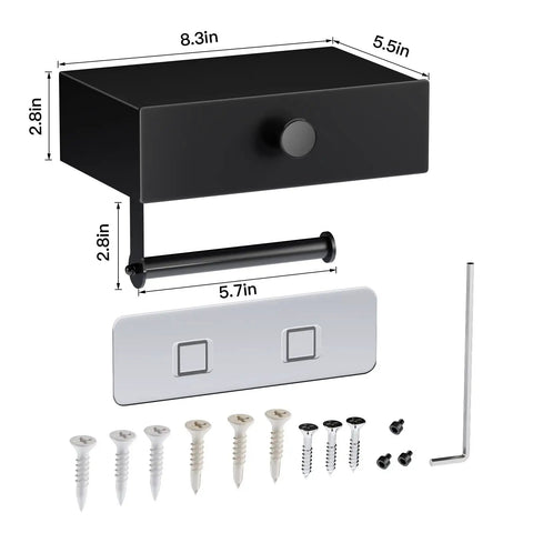 Black Toilet Paper Holder With Shelf And Drawer Storage, Wall Mount Wipes Dispenser, adhesive installation hardware shown