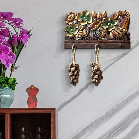 Handcrafted Solid Wood Wall Mount Coat Rack with floral design, two hooks for keys in rustic style, 520 by 300 mm.