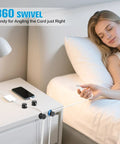 Woman using Six Piece Cord Organizer Set With 360 Degree Rotating Cable Clips And Strong Adhesive on nightstand, cords managed neatly