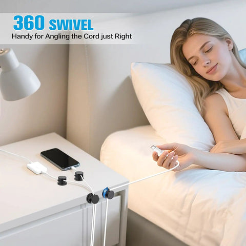 Woman using Six Piece Cord Organizer Set With 360 Degree Rotating Cable Clips And Strong Adhesive on nightstand, cords managed neatly