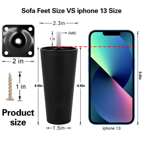 4 Pack 4.6 Inch Plastic Sofa Legs With M8 Screws, Tapered Replacement Furniture Feet size comparison with iPhone 13