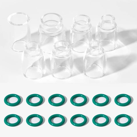 Badass TIG Welding Torch Accessories Kit Packed With Stubby Gas Lens Collets And Clear Glass Shrouds Snugs Right Up To WP17 WP18 WP26 Torches includes glass shrouds and green o-rings.