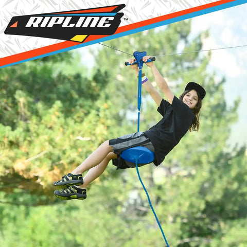 Young boy enjoying 50 Ft Zip Line Kit With Seat For Backyard Fun, Kid Friendly Outdoor Zip Line Set For Kids And Teens