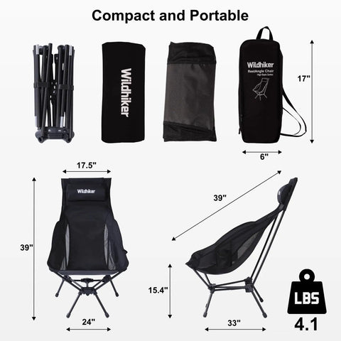 Dimensions and portability features of Portable Lightweight Folding Camping Chair With High Back And Pillow in Black.