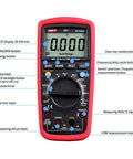 Front view of UT139C Digital Multimeter Auto Range True RMS Meter with labeled buttons and display details for electrical testing