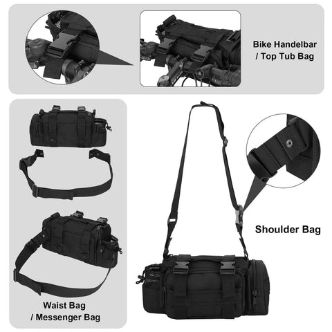 Bike Handlebar Bag With 900D Nylon Water Resistant Tactical Waist Pack For Cycling And Hiking, different carrying styles shown