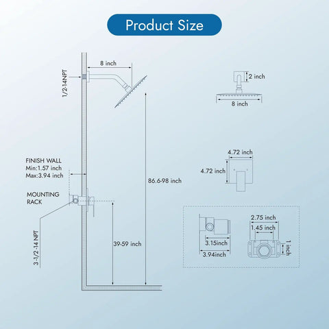 Product diagram for Shower Faucet Set With Rainfall Head And No Fuss Handle Valve Modern Wall Mount 8 Inch Matte Black