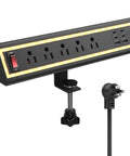 Space Saving Desk Clamp Power Strip With Night Light, 40W Fast Charging, 6ft Cord, Five AC Outlets, Four USB C Fast Charging Ports And Two USB Ports, Fits 1.69 Inch Desk Edges For Clean, Accessible Power on white background