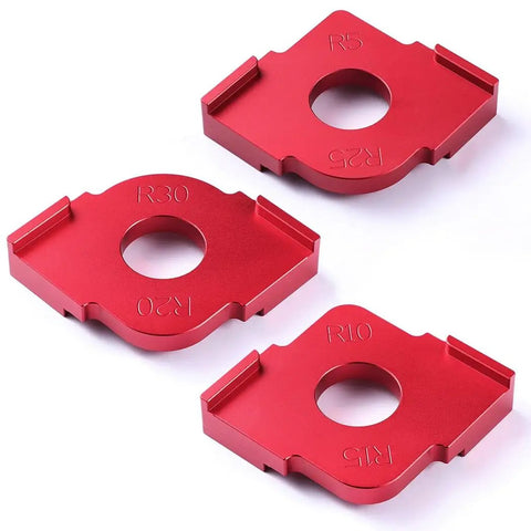 Rock Solid Router Template Jigs For Woodworking Enthusiasts Slick Red Anodized Aluminum Set Of 3 with R5, R10, R30 sizes.