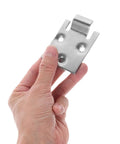 Hand holding Metal Golf Cart Seat Bottom Hinge And Plate Replacement, showing durable easy clean metal construction.