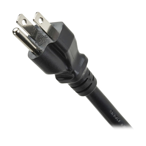 Close-up of power plug on the 9 ft cord of the 3-Outlet Heavy Duty Power Strip With Metal Housing, Mountable Wall Or Under Desk