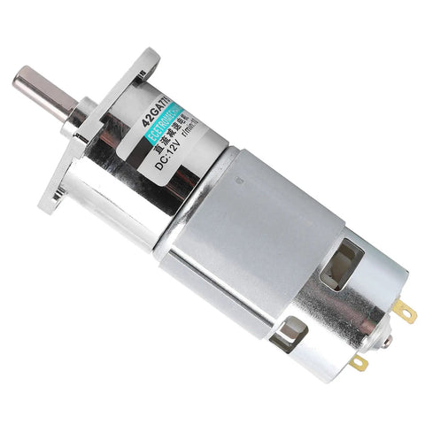 Solid 42GA775 DC Gear Motor 12V Low Speed Reversible CW CCW With All Metal Gears Overcurrent Protection for Automation And Robotics Builds, silver motor with shaft.
