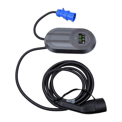 No Sweat Plug And Play Level 2 EV Charger 7kW 32A Wall Mount with digital panel and black charging cable.