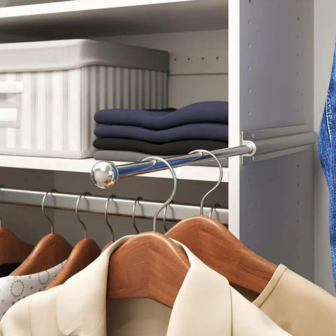 12 Inch Metal Sliding Wardrobe Closet Rod With Easy Access Out Slide Chrome Finish Includes Installation Hardware For Quick Install Ideal For Small Closets Or Laundry Rooms Makes Storing Clothes Fast No Fuss, chrome rod with hanging clothes in closet