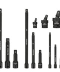 Heavy Duty 12 Piece Impact Socket Extension Set With 360 Degree Universal Joints For 1/4 And 3/8 Inch Drives Built From Premium CrV And CrMo Steel Construction, 4"-10" extensions