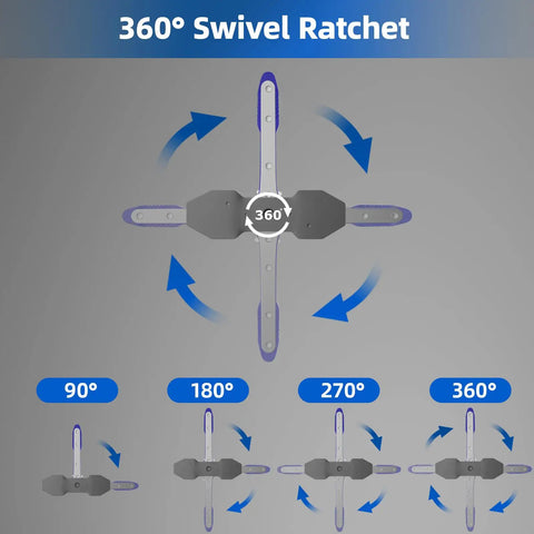 360 Degree Adjustable Brake Caliper Piston Compressor Tool with extra large steel plates and hooks shown in 360° swivel ratchet view.