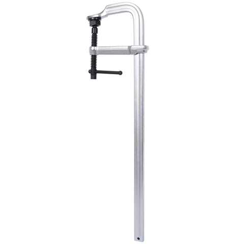 Heavy Duty F Clamp With Removable Swivel Pads 20 Inch Capacity And 5.5 Inch Throat Steel Bar Tool side view for welding and woodworking.
