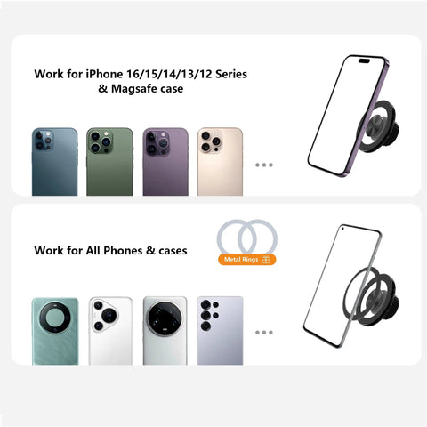 Tesla Magnetic Phone Mount For Model 3 Highland 2024 And Model Y Juniper 2025 Refresh Driver Side Corner Vent No Fuss Install Fixed Base 360 Degree Rotating Head MagSafe Ready Black displayed with compatible iPhone and Android models.