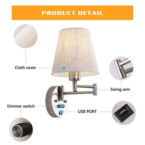 Bedside Wall Mount Light With Dimmable Switch And USB Port Swing Arm Fabric Shade Wall Sconce With Plug In Cord Ideal For Bedroom Living Room And Hotel