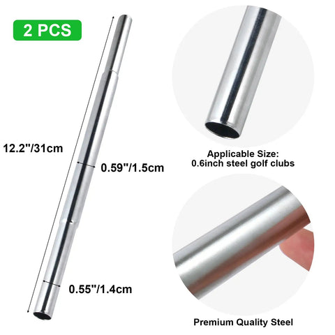 Two Pack Golf Club Shaft Extensions 0.6 Inch Steel For Iron And Wood Clubs Upgrade Kit showing size and features
