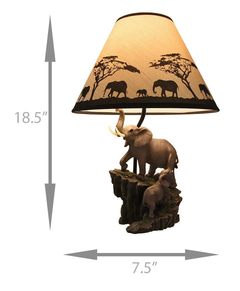 Epic Elephants Expedition Sculptural Table Lamp With Decorative Shade Hand Painted Resin Showpiece Lighting 18.5 Inch Tall