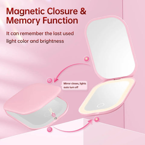 Ultra Slim LED Pocket Mirror With 1X And 3X Magnification, Rechargeable Type C Travel Mirror closed and open with lights
