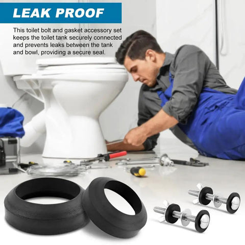 Heavy Duty Universal Toilet Tank To Bowl Gasket And Stainless Steel Bolt Kit with rubber gaskets and bolts for a secure seal.