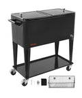 80 Quart Rolling Ice Chest Portable Beverage Cart For Patio Parties Holds Up To 50 Bottles Or 110 Cans With Bottom Shelf Side Basket And Bottle Opener Black, shown with accessories.
