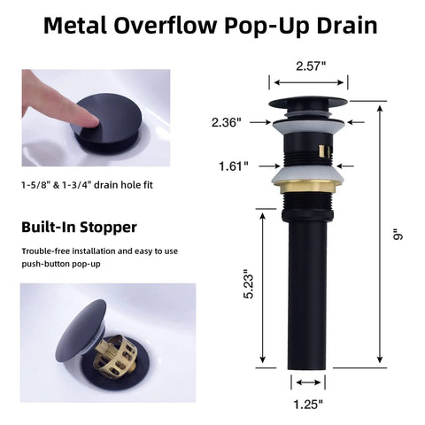 Diagram of metal overflow pop-up drain for Matte Black Two Handle Bathroom Faucet Built to Last No Fuss, 8 Inch Widespread Lavatory Vanity Faucet, Brass Construction, Includes Metal Overflow Drain, 360 Degree Swivel Spout for Easy Access with detailed dimensions and stopper features.