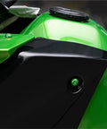 177 Piece Motorcycle Fairing Bolt Kit For YZFR6 YZFR1 YZFR3 YZFR7 With Windshield Screws Fasteners Nuts Clips Washers Replacement Black Premium Stainless Steel Construction For Long Lasting Strength Easy Install And Universal Fit For Bike Body close-up on green fairing