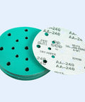 Get A Solid 20 Pack of 6 Inch Hook And Loop Sanding Discs With Assorted Grits From 60 To 2000 Plus Extra Durability Heat And Humidity Resistance For Any Quick Home Improvement Project Or Woodworking Hustle Today, showing green and white sanding discs.