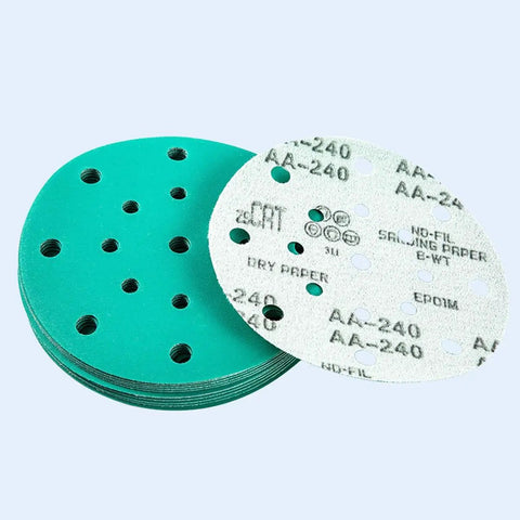 Get A Solid 20 Pack of 6 Inch Hook And Loop Sanding Discs With Assorted Grits From 60 To 2000 Plus Extra Durability Heat And Humidity Resistance For Any Quick Home Improvement Project Or Woodworking Hustle Today, showing green and white sanding discs.
