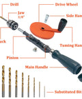 Workhorse Hand Drill Kit Three Eighths Inch Manual Drill With Nine Piece High Speed Steel Bit Set Chuck And Key For Wood Plastic Soft Metal