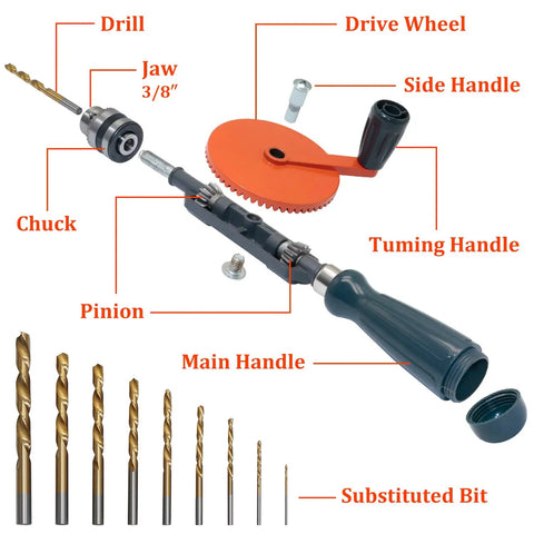 Workhorse Hand Drill Kit Three Eighths Inch Manual Drill With Nine Piece High Speed Steel Bit Set Chuck And Key For Wood Plastic Soft Metal