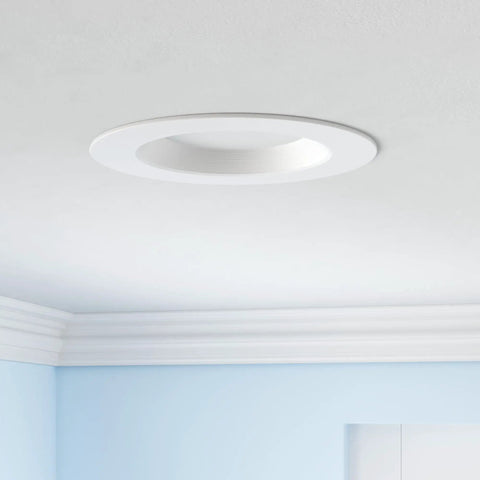 Smart Retrofit LED Recessed 6 Inch Downlights With Color Changing RGBCW 15W 1150 Lumens Bluetooth Mesh Hub Included Voice Control With Alexa Dimmable 2700K To 6500K 4 Pack For Easy Whole Home Lighting installed in ceiling room view