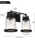 Matte Black Two Light Vanity Lights For Bathroom Farmhouse Rustic Over Mirror Sconces With Hammered Glass Shades with dimensions