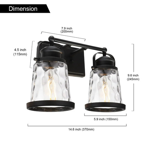 Matte Black Two Light Vanity Lights For Bathroom Farmhouse Rustic Over Mirror Sconces With Hammered Glass Shades with dimensions