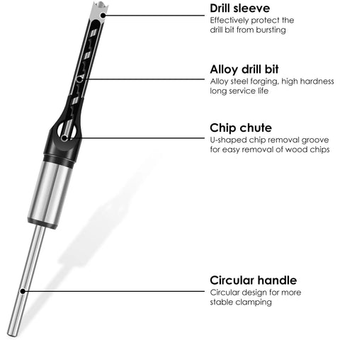 Six Piece Square Hole Drill Bit Set High Speed Steel Mortising Chisel Bits For Woodworking Pine Mdf Particle Board 1/4 To 9/16 Inches showing drill components with U-chute for wood chips.